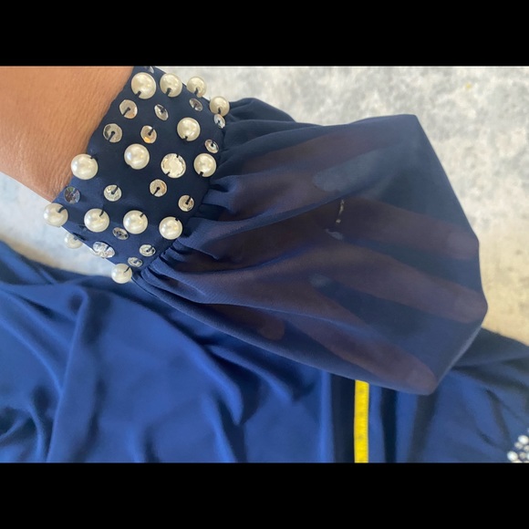 SLNY Navy Blue Long Sleeves Pearls Holiday Dress Size 8 - Picture 12 of 15
